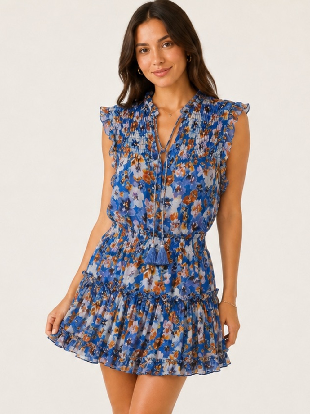 Misa Los Angeles Blue Floral Smocked Tiered Mini Dress